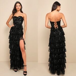 Lulus Definite Glamour Black Sequin Strapless Bustier Maxi Dress L Wedding Party